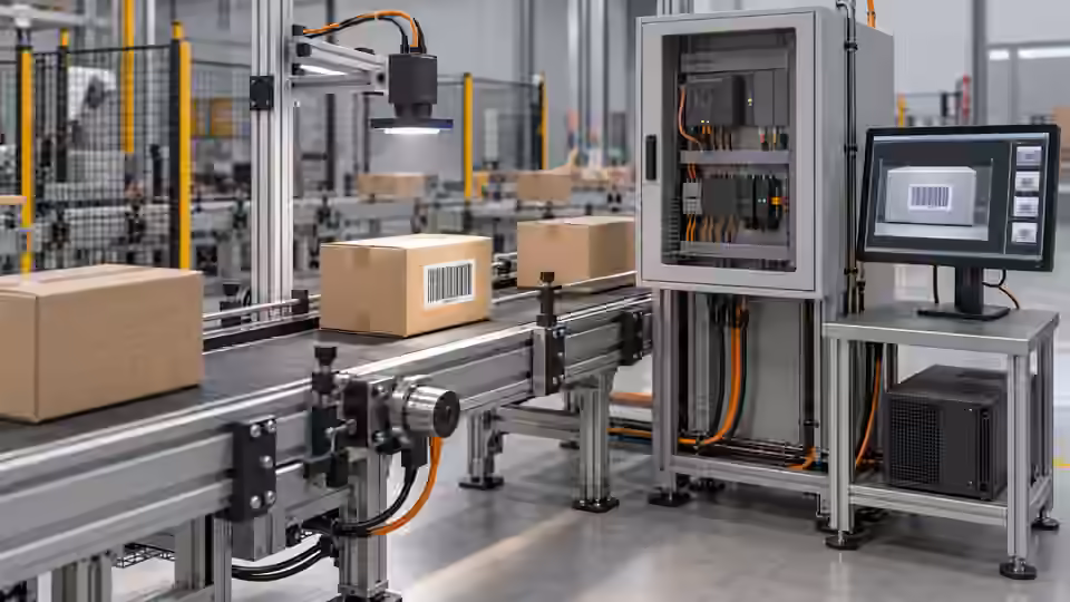 EAN-13 traceability: line acceptance — Illustrative engineering scene; not a photograph or a measured result.