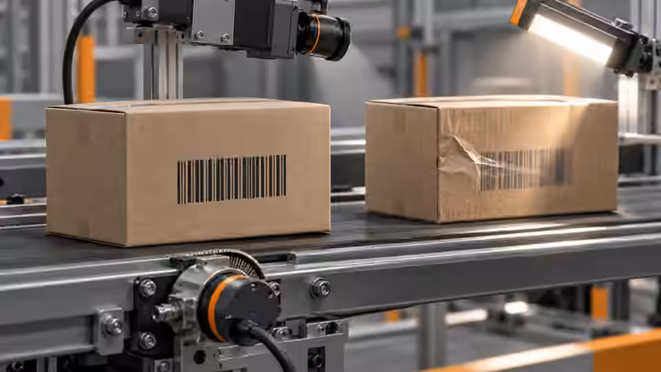 EAN-13 traceability: duplicates and missing reads — Illustrative engineering scene; not a photograph or a measured result.