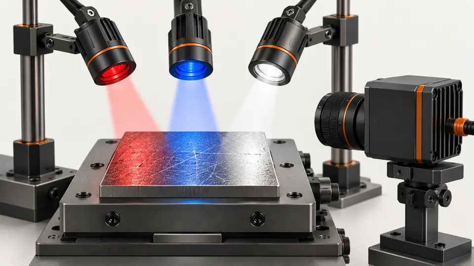 Compare red, blue and white illumination by defect contrast — Illustrative engineering scene, not a photograph of a validated Deyi installation.