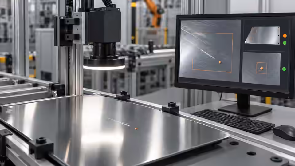 Surface defects: bounded AI evaluation — Illustrative engineering scene; not a photograph or a measured result.