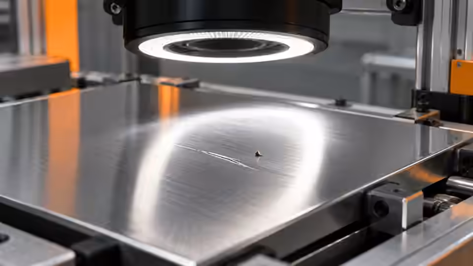 Surface defects: light and ROI validation — Illustrative engineering scene; not a photograph or a measured result.
