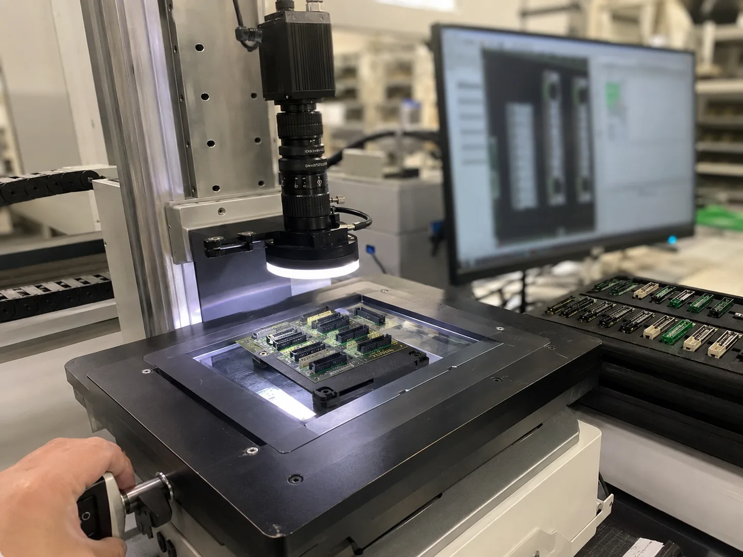 PCB connector pin presence inspection station with industrial camera and lighting