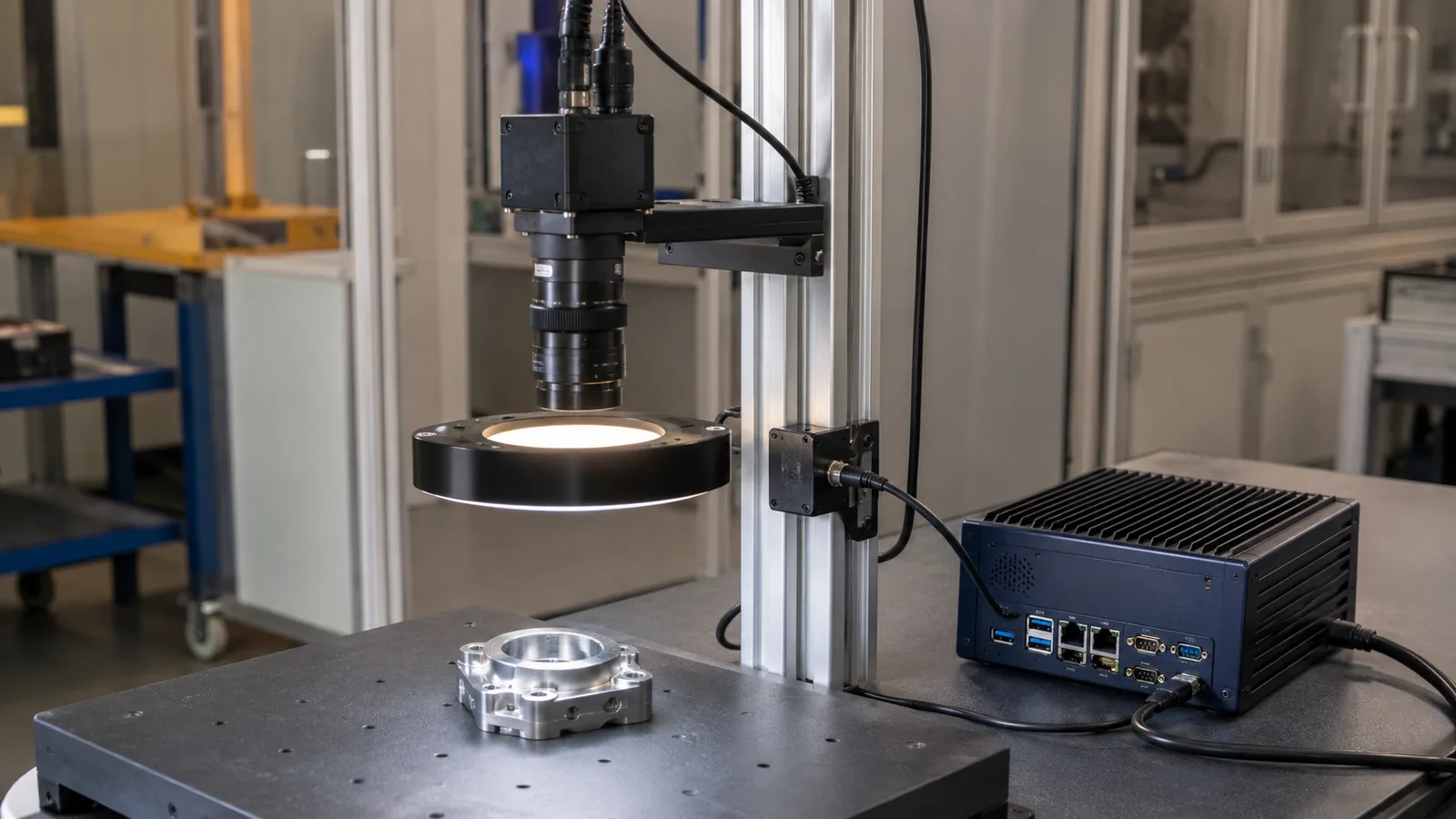 Machine vision inspection station explaining camera lighting lens and software basics