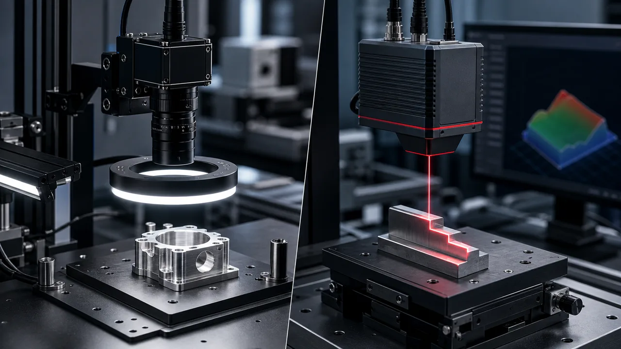 Engineering bench comparing 2D machine vision inspection and 3D profile measurement