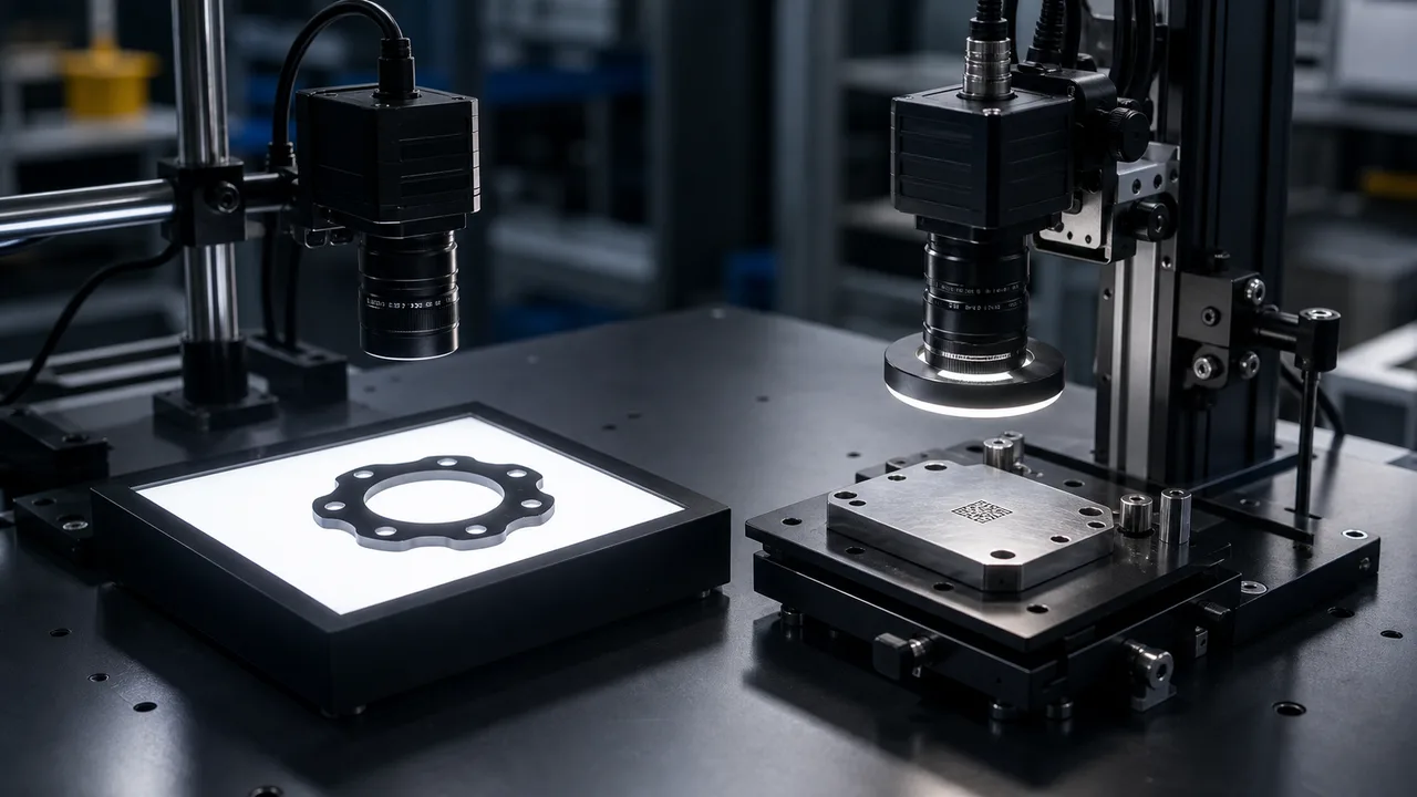 Machine vision bench comparing backlight silhouette inspection and coaxial lighting for flat reflective parts