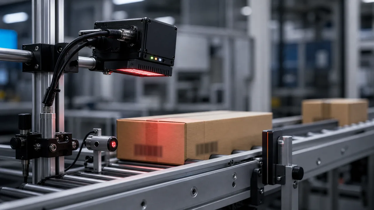Packaging label and barcode inspection line with fixed reader smart camera and conveyor reject output