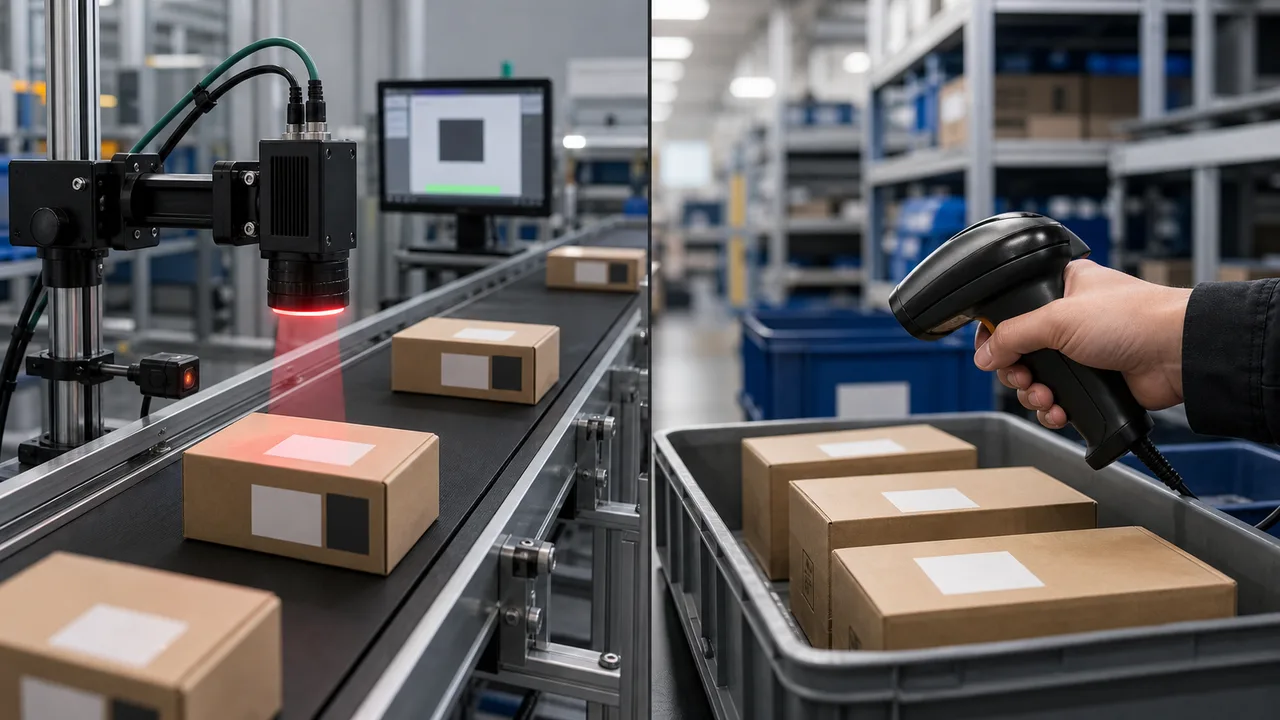 Fixed barcode reader versus handheld scanner comparison with automated conveyor and manual exception bins