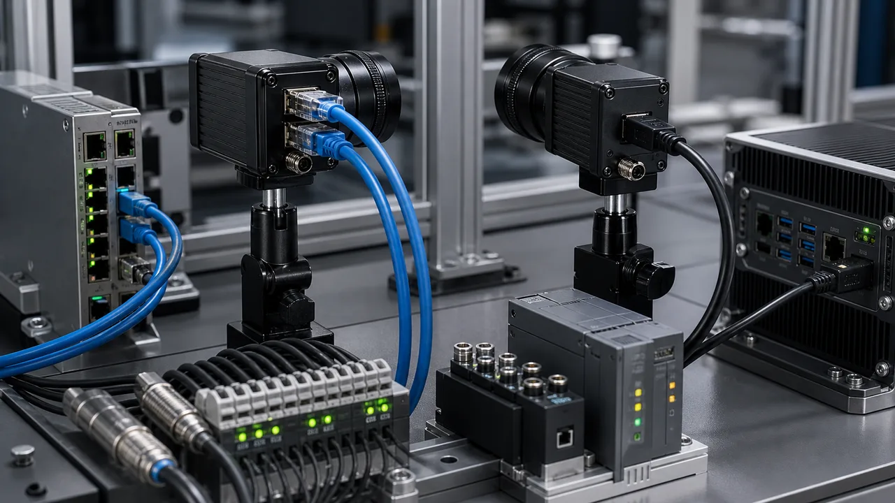 Industrial camera interface bench comparing GigE Ethernet and USB3 camera cabling
