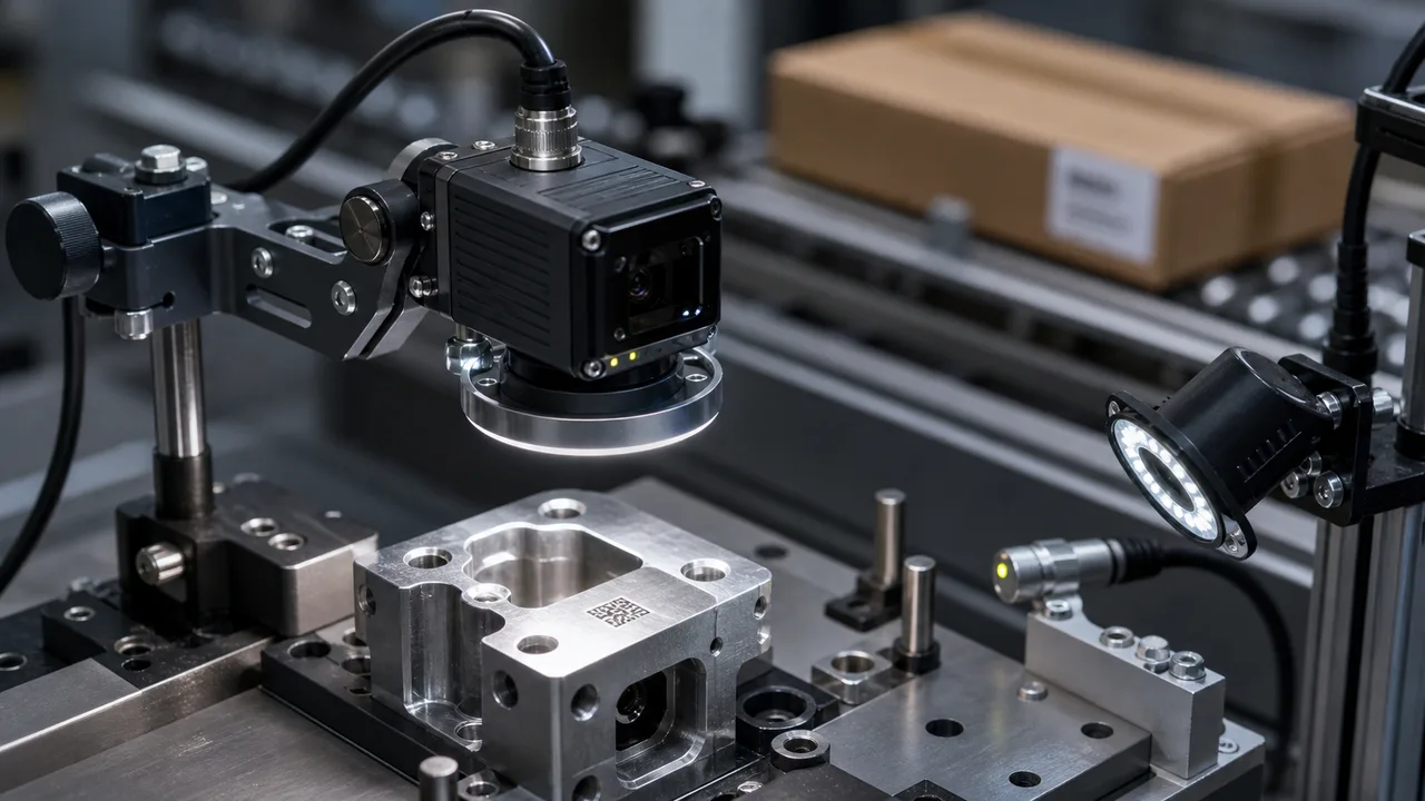Fixed industrial barcode reader aimed at a direct part mark on a machined metal part