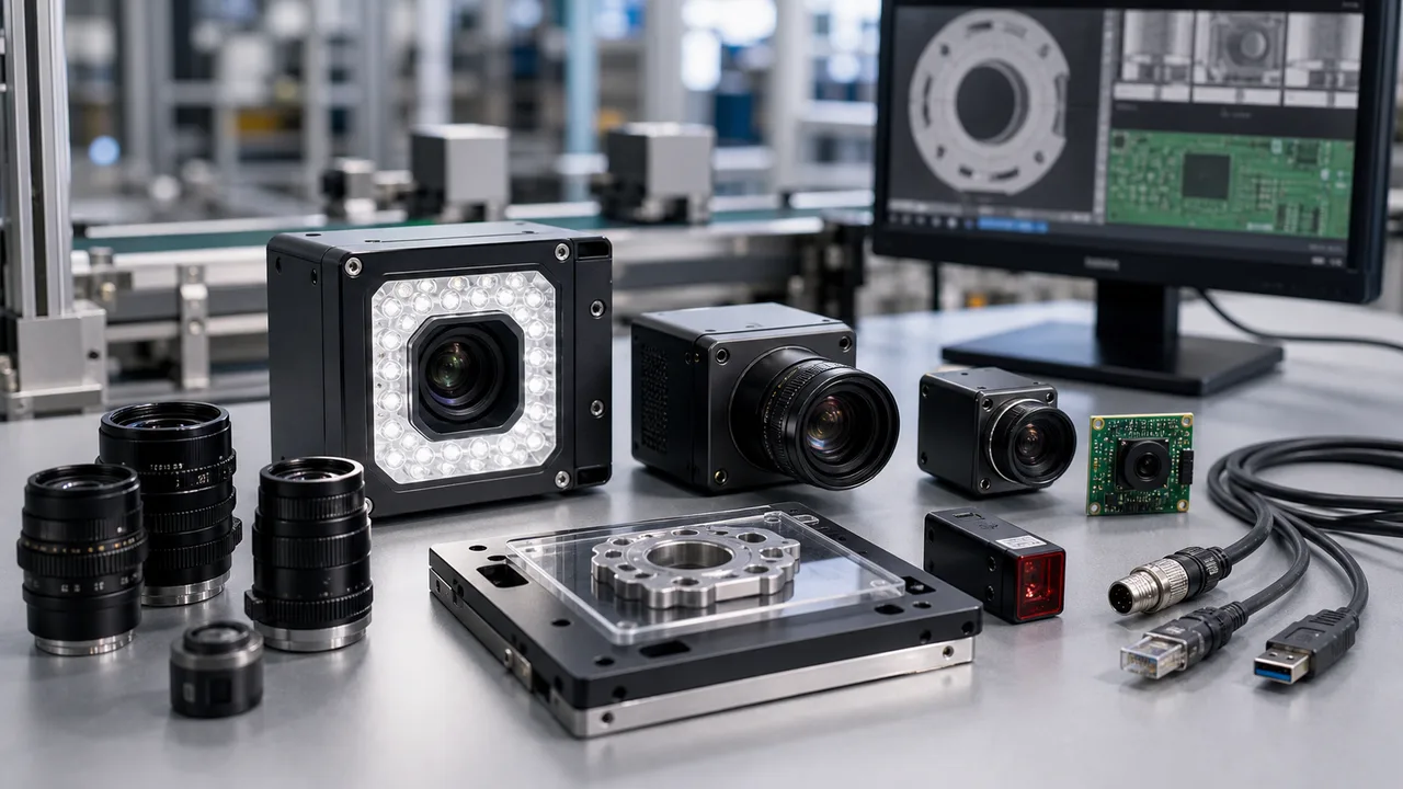 Industrial camera selection bench with C mount cameras lenses trigger cables and sample fixture