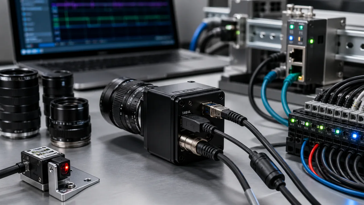 Industrial camera interface selection bench with GigE USB3 trigger I/O and production cabling