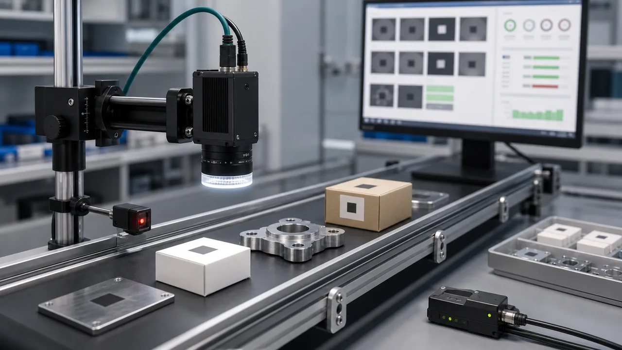 Industrial code reader selection test bench with fixed reader trigger lighting and sample parts