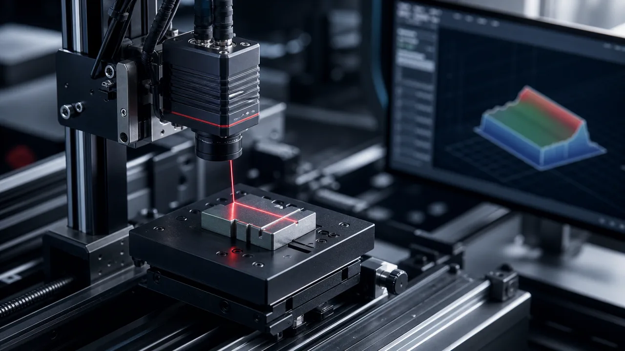 EV battery weld height inspection setup with 3D laser profiler over tab weld sample