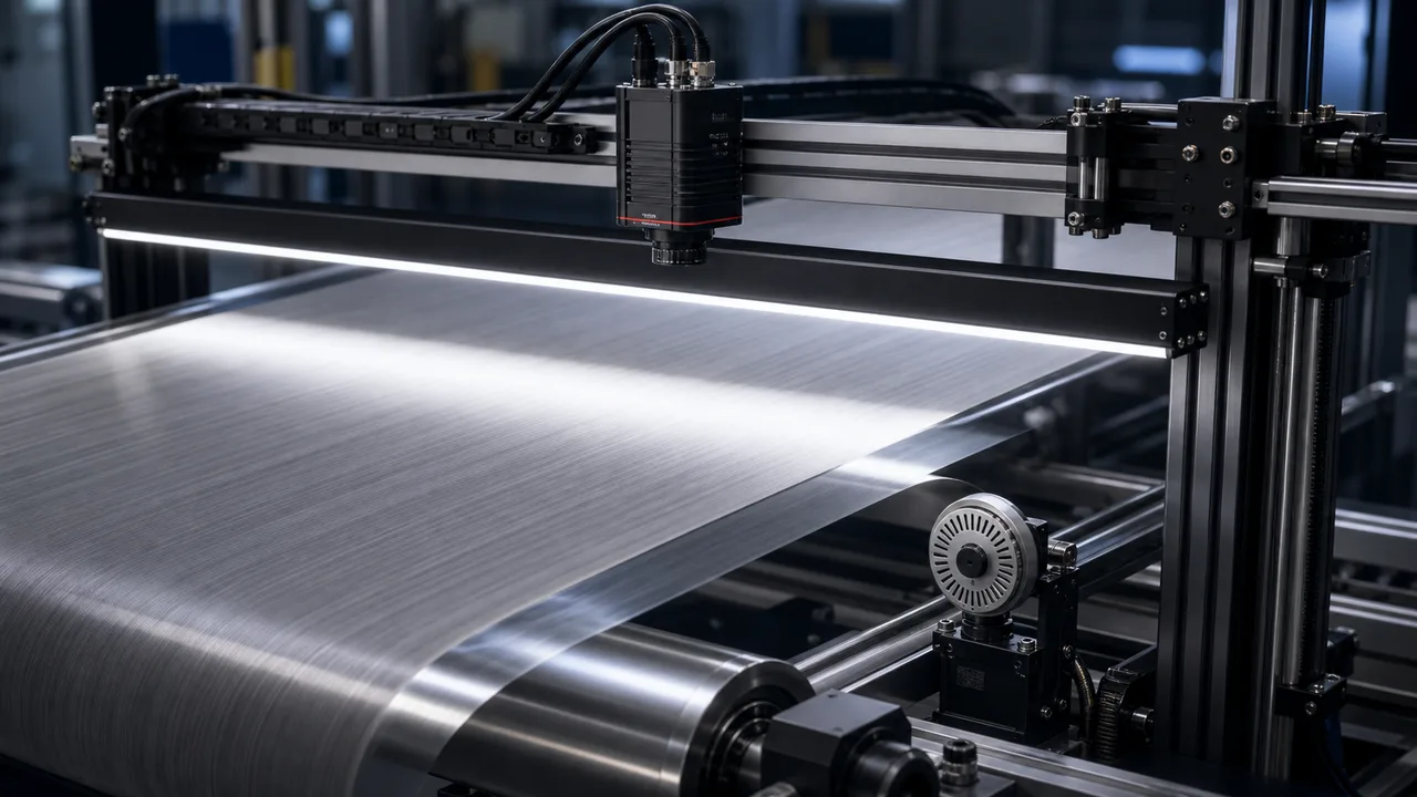 Roll-to-roll film defect inspection with line scan camera line light and encoder synchronized web