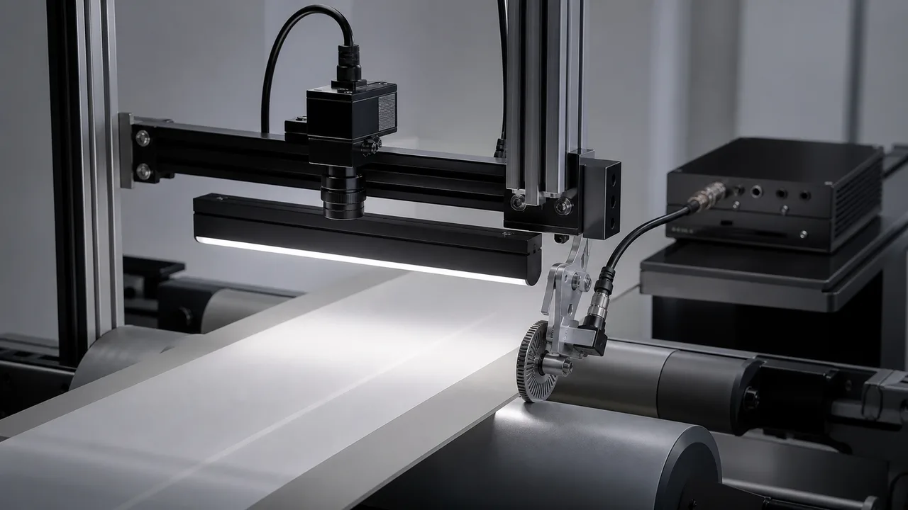 Line scan camera with encoder setup over roller web material with line light and controller cable
