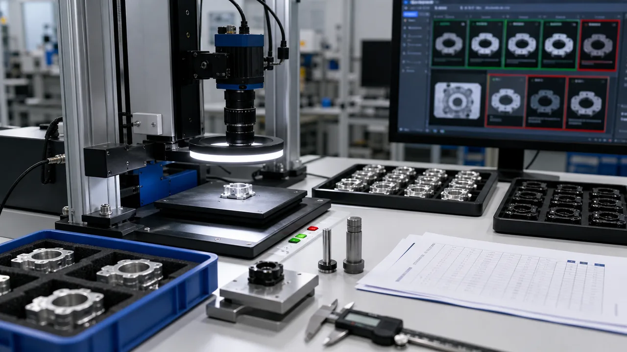 Machine vision acceptance test bench with industrial camera lighting sample parts and validation checklist