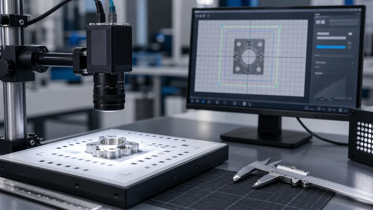 Machine vision camera resolution calculator bench with industrial camera calibration target pixel grid and precision part