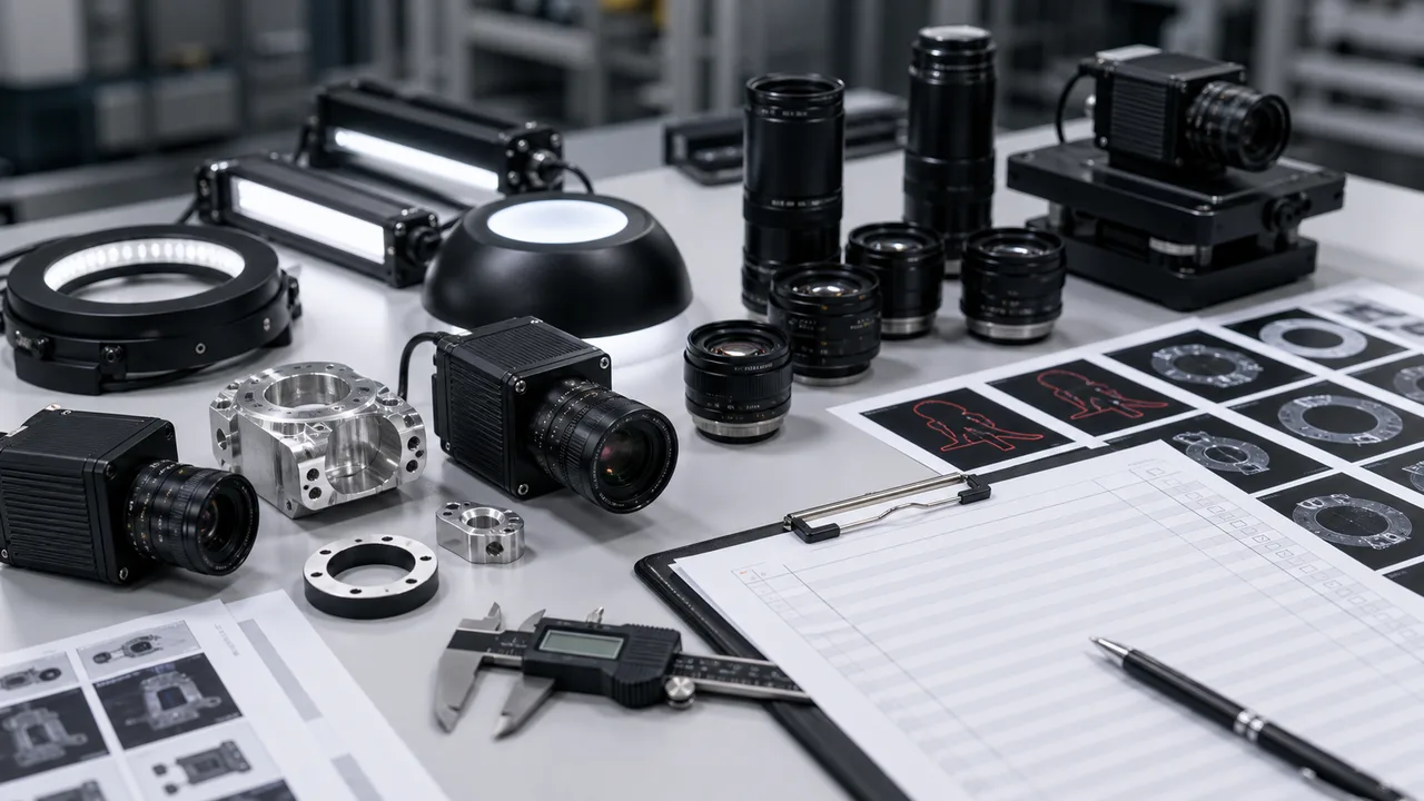 Machine vision supplier checklist desk with cameras lenses sample parts and RFQ evidence