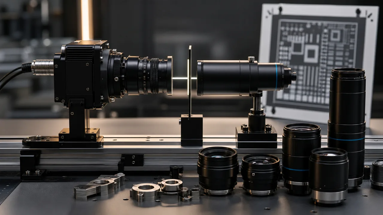 Machine vision lens selection optical bench with industrial camera and calibration target