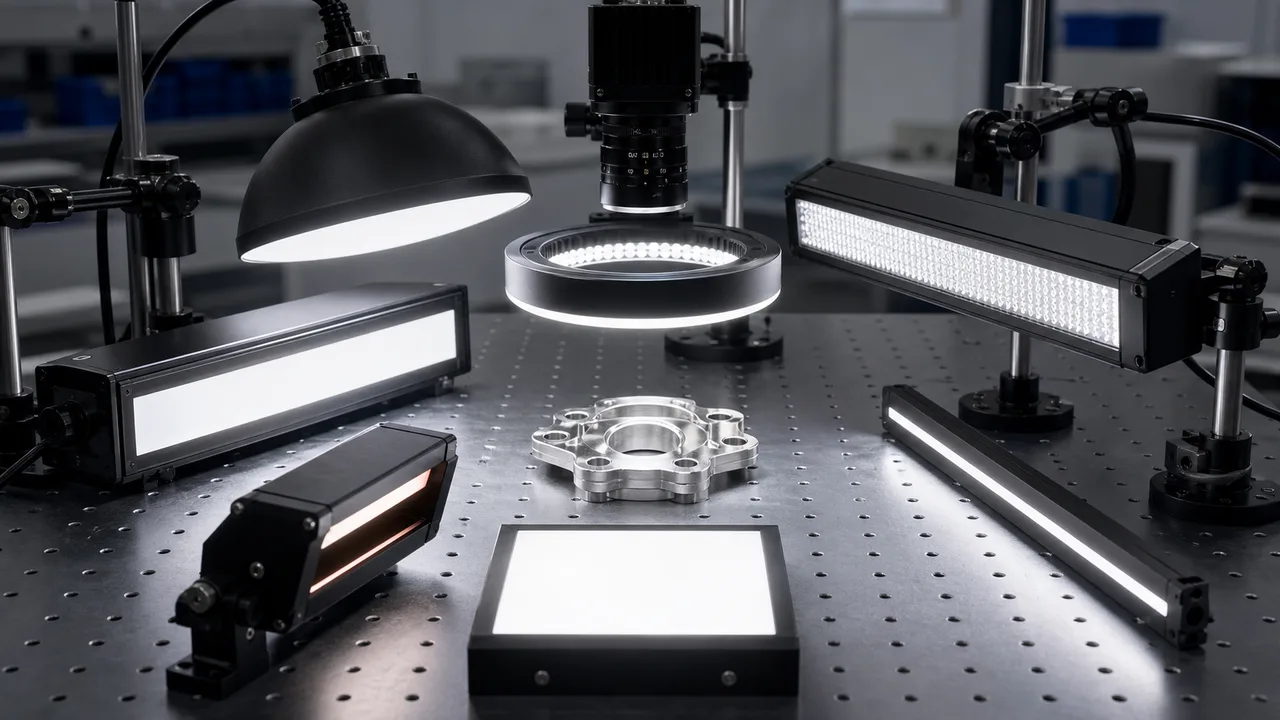 Machine vision lighting types comparison bench with ring bar dome coaxial backlight and line light modules