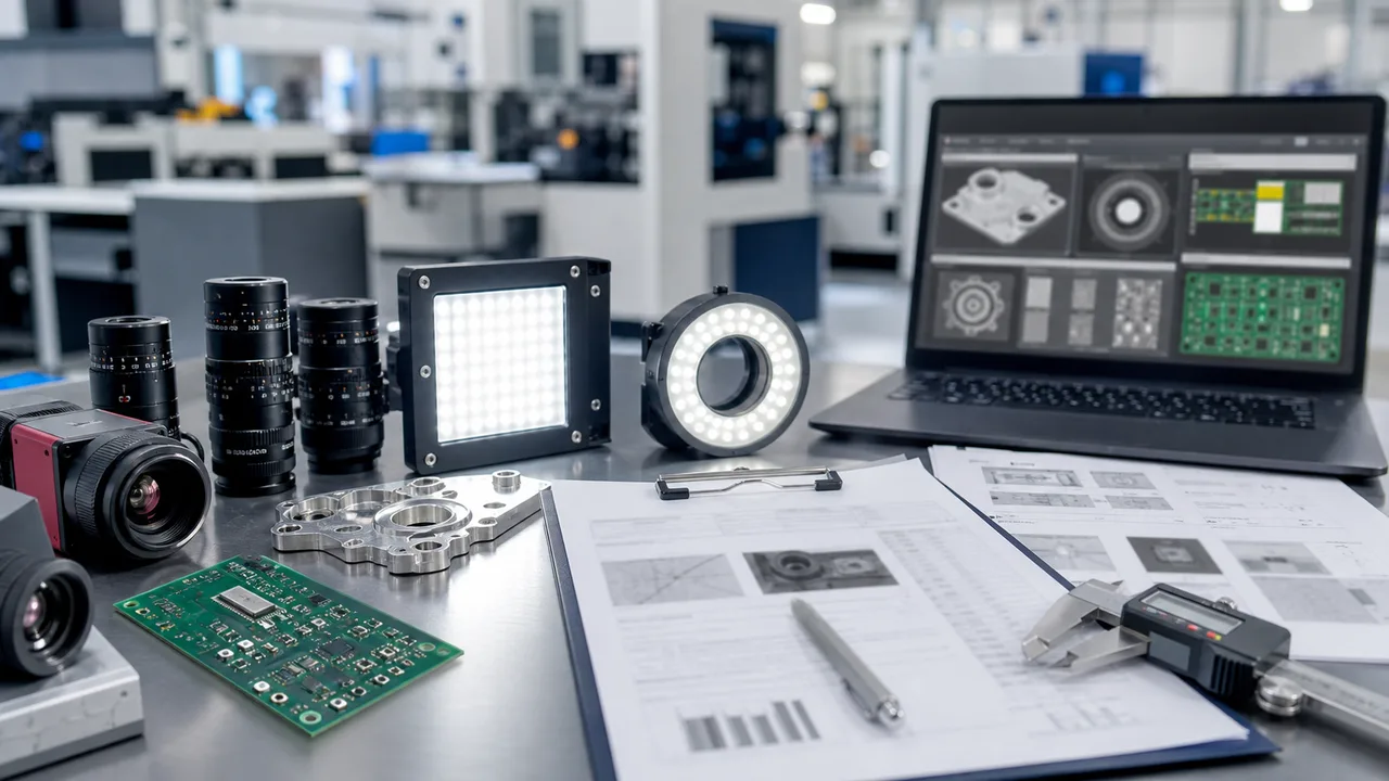 Machine vision supplier selection desk with cameras lenses lighting sample parts and RFQ evidence