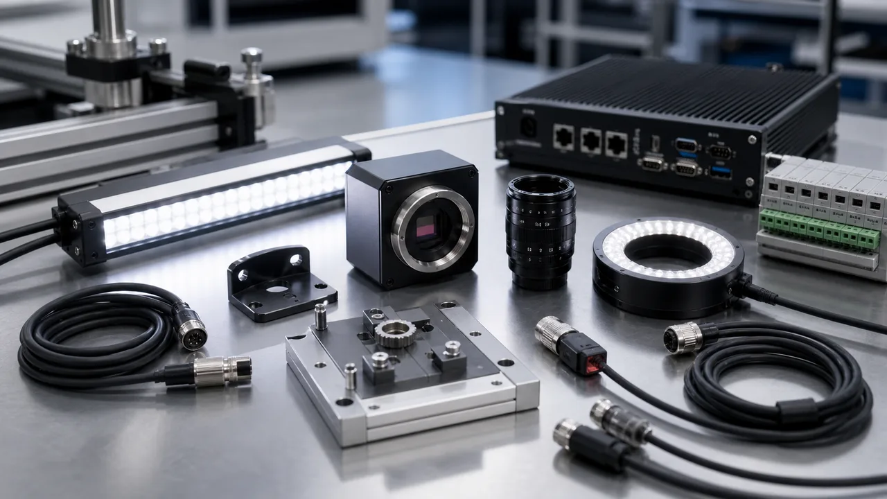 Machine vision system components bench with camera lens lighting controller trigger sensor cables and fixture