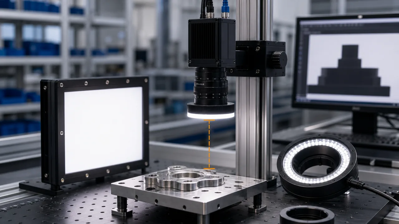 Machine vision working distance setup with industrial camera on rail lens lighting fixture and sample part