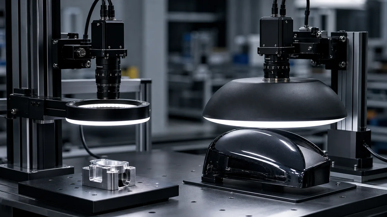 Machine vision inspection bench comparing ring light and dome light on reflective parts