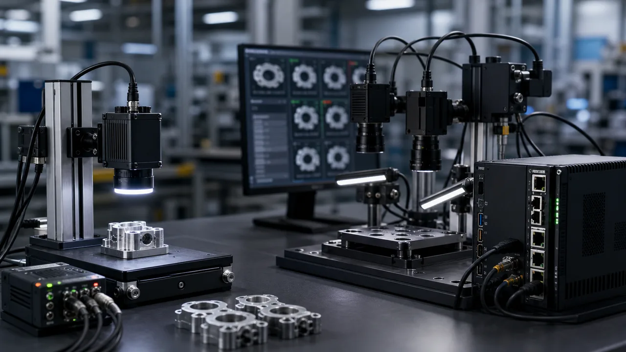 Automation bench comparing compact smart camera station and PC based multi camera vision system