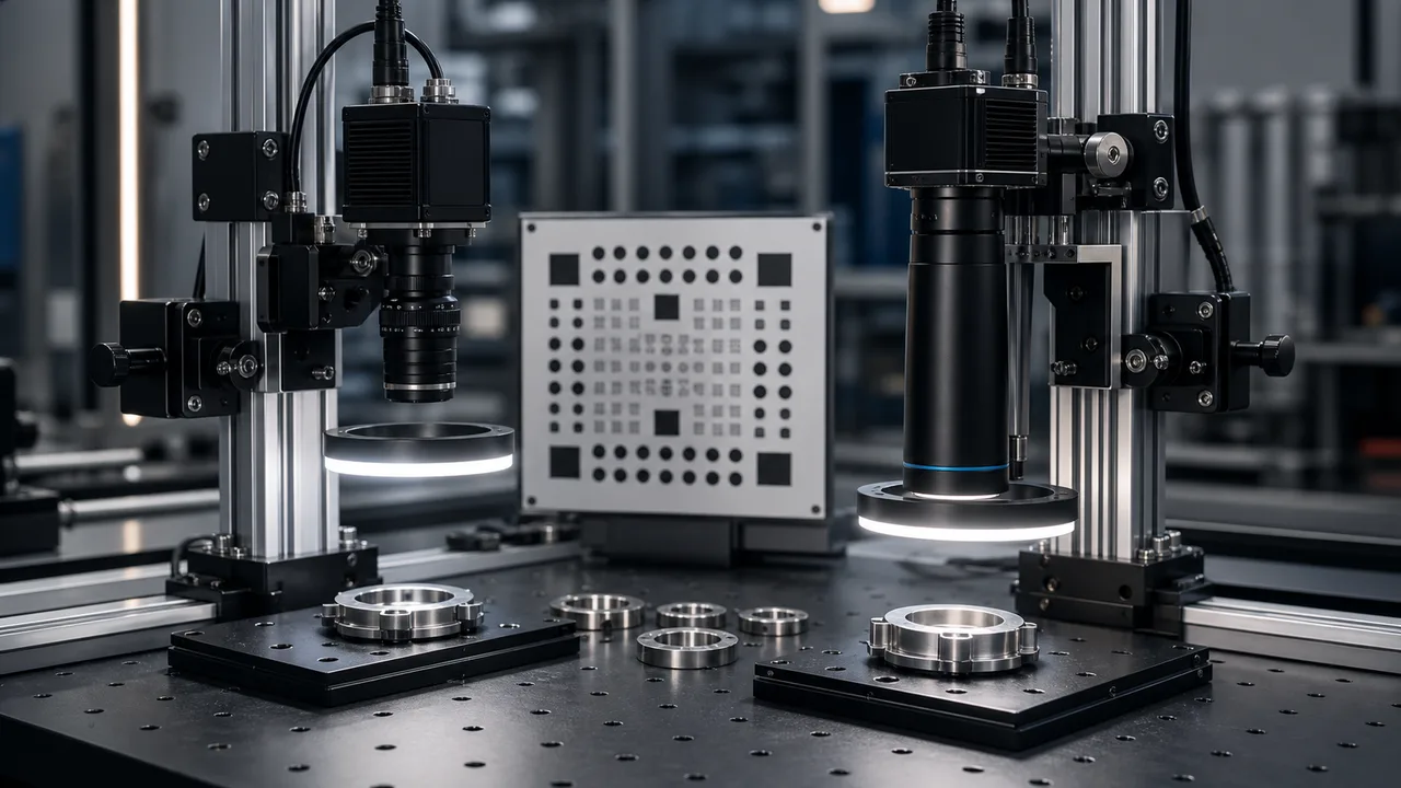 Optical bench comparing a telecentric machine vision lens and a regular C-mount lens