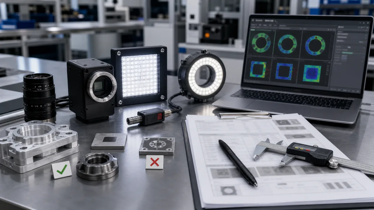 Vision inspection RFQ checklist desk with sample parts camera lens lighting calipers and blurred engineering worksheet