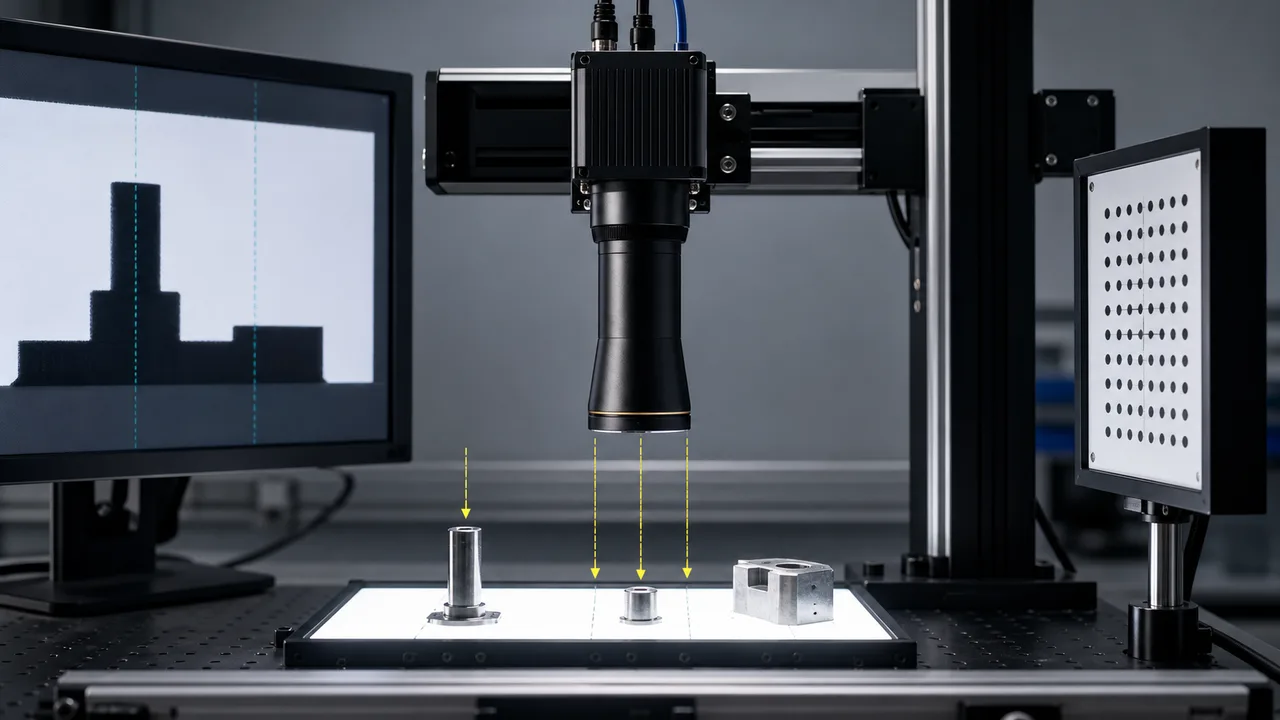 Telecentric lens measurement bench with industrial camera backlight calibration target and machined samples