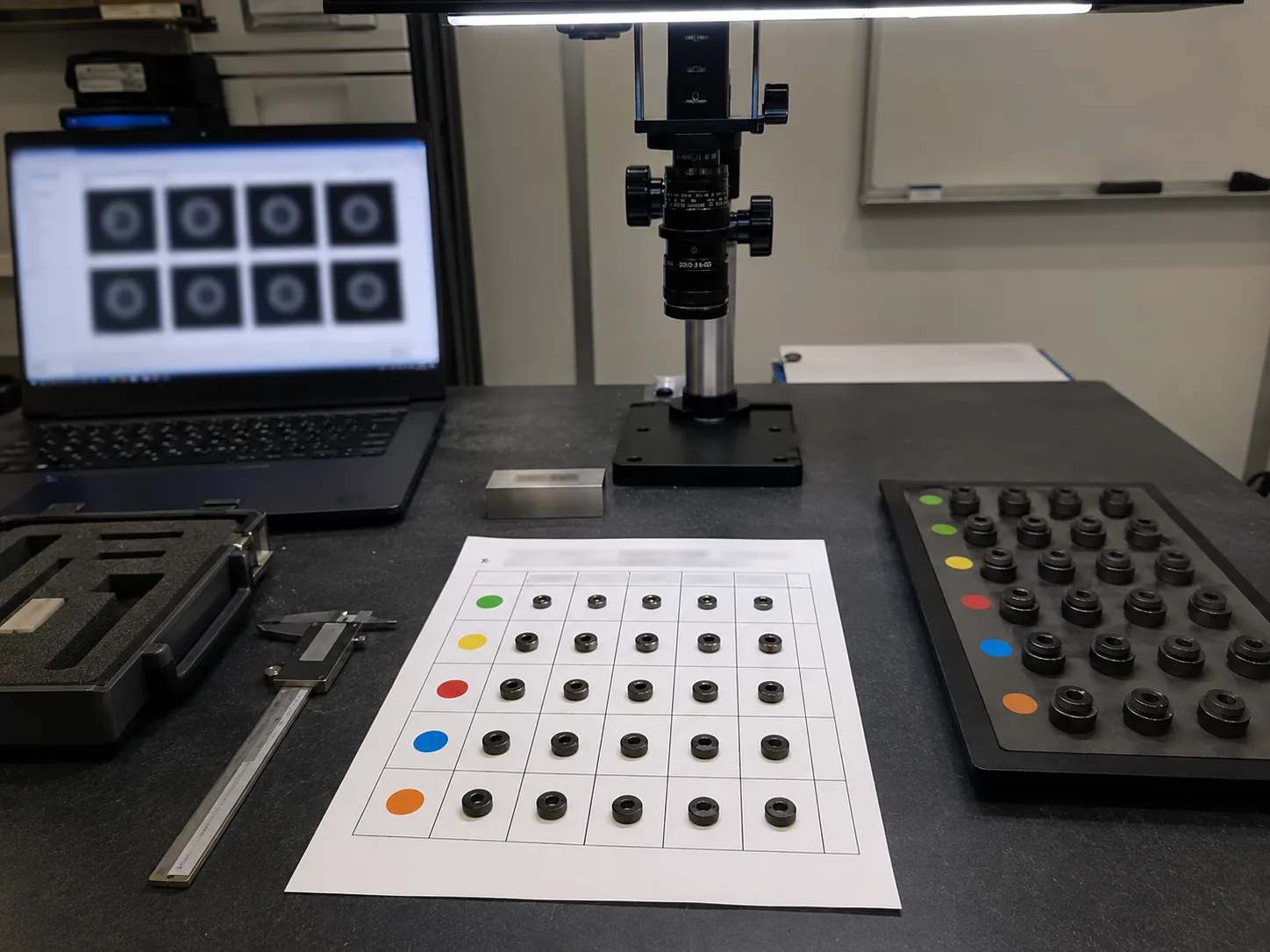 Deyi Vision acceptance test matrix with parts, caliper and blurred inspection screen