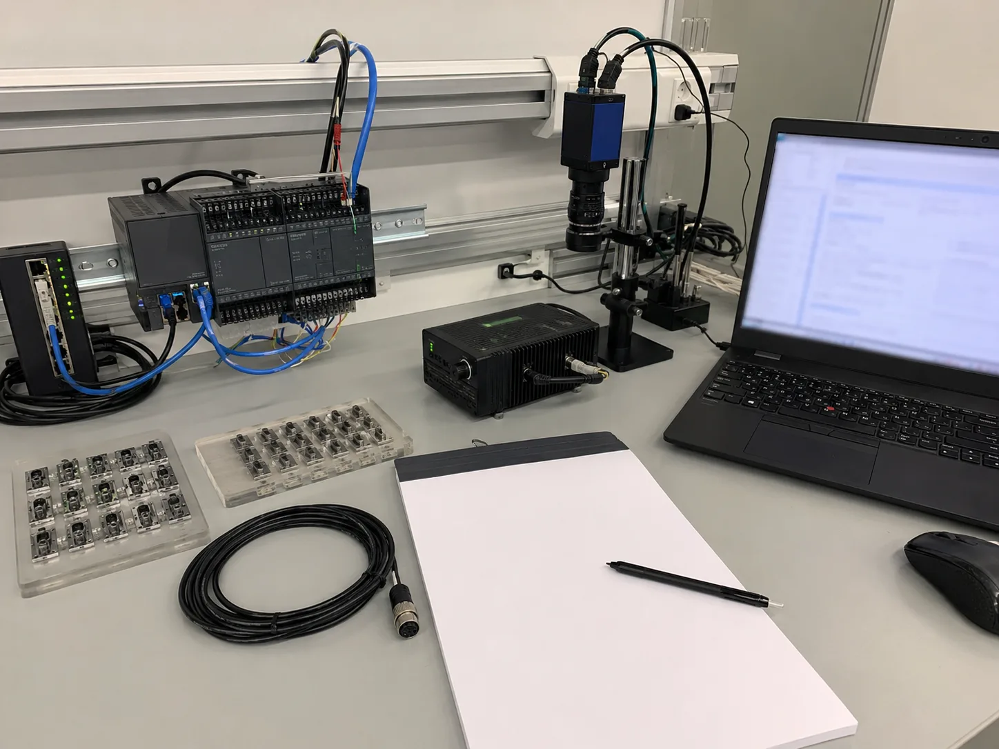 Deyi Vision integration handoff bench with camera, IO module, cables and blurred notes