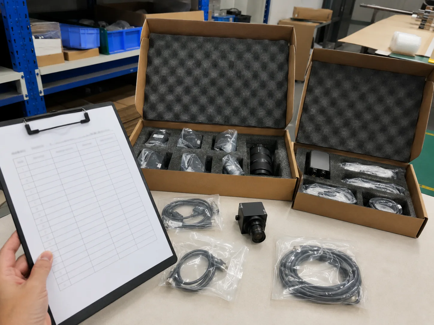 Deyi Vision packing and shipment check with protected camera components and cables