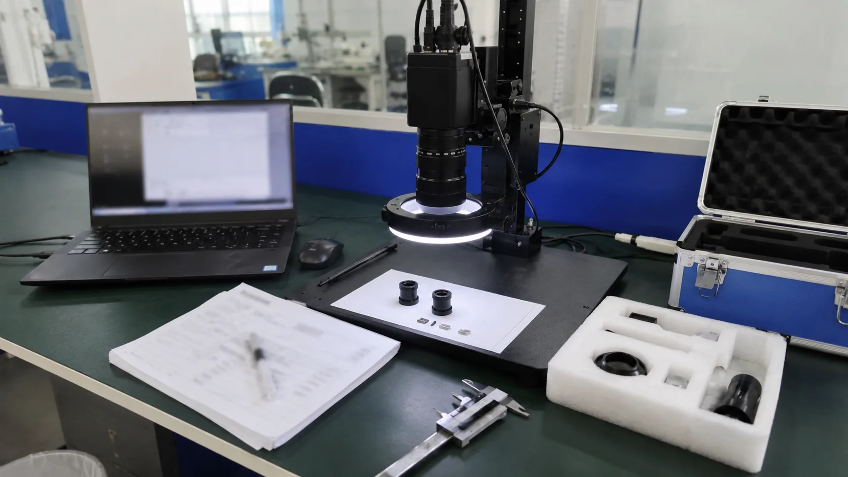 Deyi Vision machine vision evidence desk with camera, lens, sample parts and blurred RFQ notes
