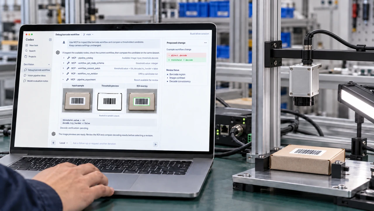 Illustrative top-down barcode inspection setup with a camera and laptop showing a tuning conversation