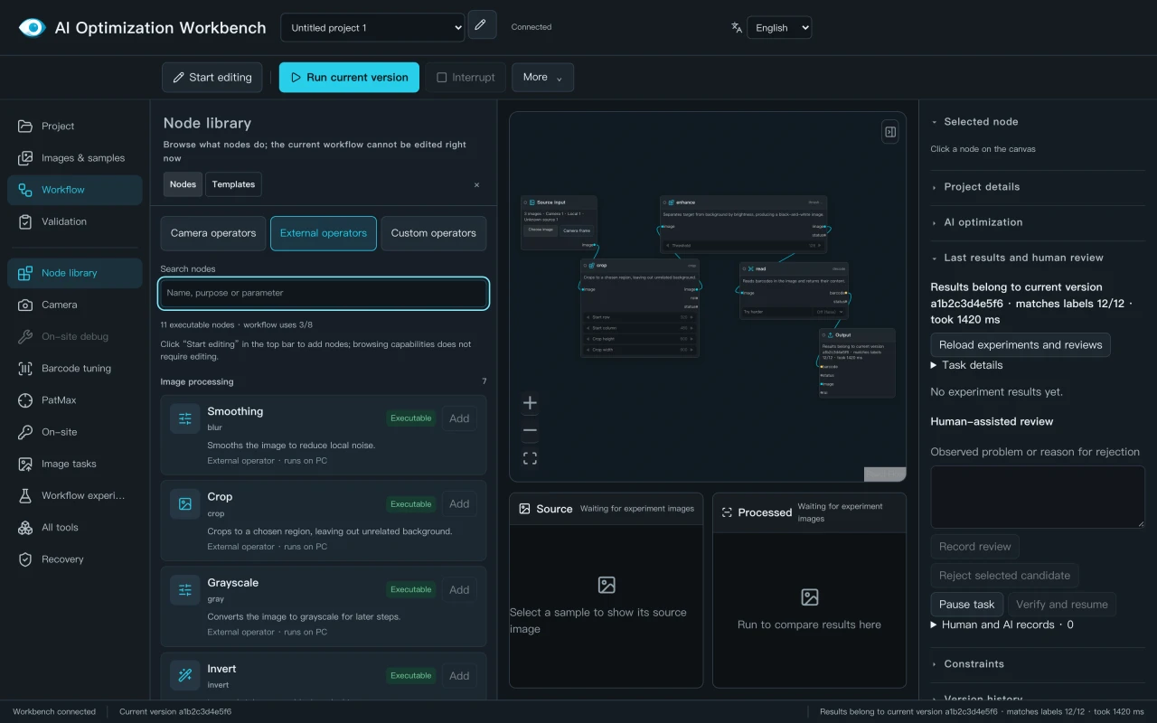 DeYiVision AI Optimization Workbench showing the node library, workflow canvas and human review panel